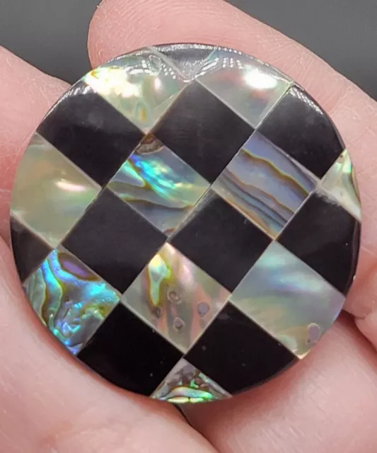 Vintage Unmarked Silver Alpaca Abalone Onyx Checkerboard Inlay Brooch Pin