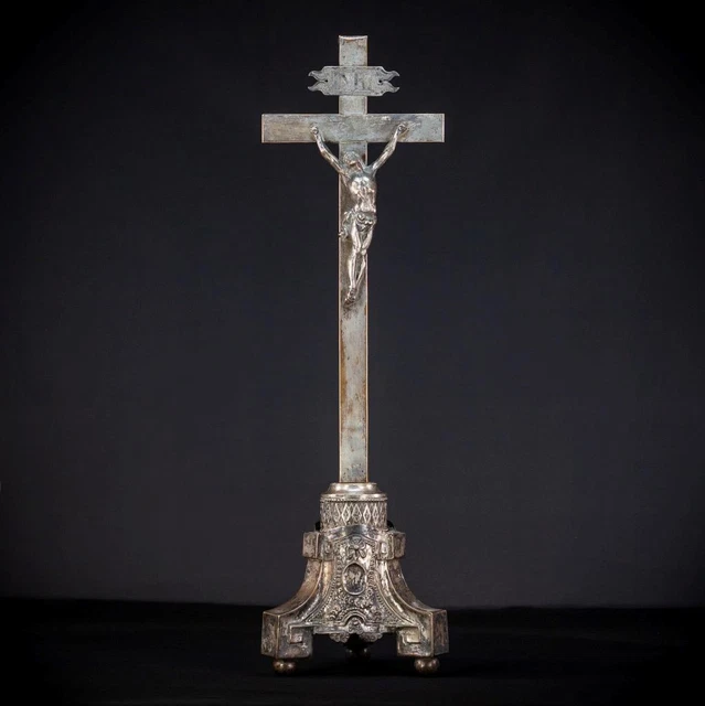 Altar Crucifix | 18th Standing Church Silver Plated Cross | 1700s Antique 28.3"_ Altar Crucifix | 18th Standing Church Silver Plated Cross | 1700s Antique 28.3"_