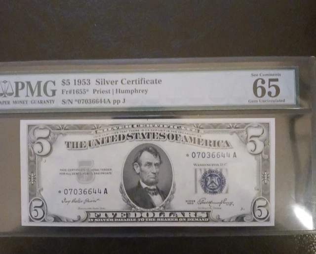 1953 $5 Five Dollar Silver Certificate Blue Seal STAR NOTE Fr.1655* pmg gem EPQ