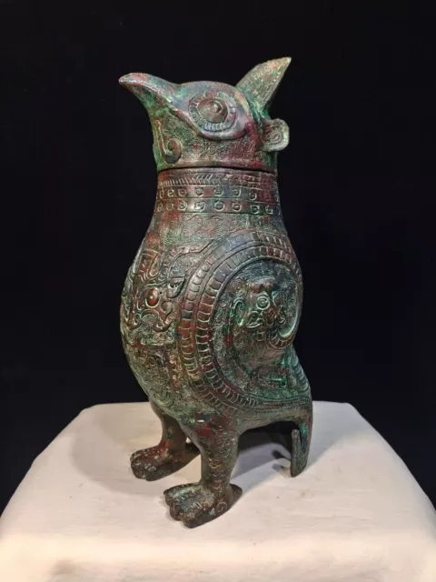 10.8" Old China Bronze Ware Dynasty Palace Parrot Bird Zun Drinking Vessel 3
