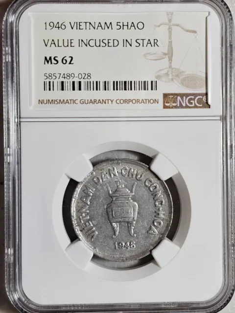 Vietnam 5 Hao 1946 Value Incused in Star NGC MS 62