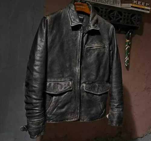 Men’s Motorcycle Biker Vintage Cafe Racer Distressed Black Real Leather Jacket