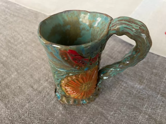 Hand Made Clay Mug Signed by Spirit Song Studios Floral Crude Design Teal Blue