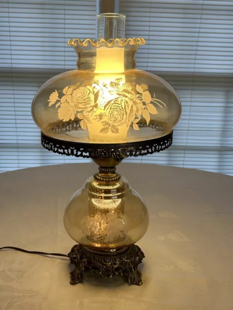 Vintage GWTW  Gone with the Wind Amber 3-Way Hurricane Table Lamp 21"