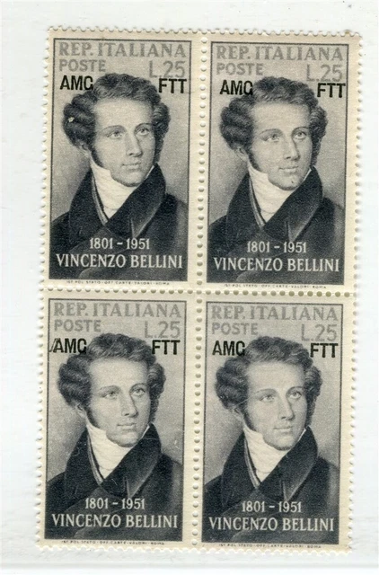 ITALY; 1951 Trieste Optd. issue fine MINT MNH Unmounted BLOCK of 4, Bellini