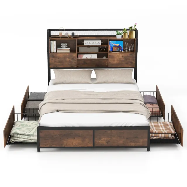 King Size Bed Frame Metal Platform Bed Slats Support w/Storage Headboard