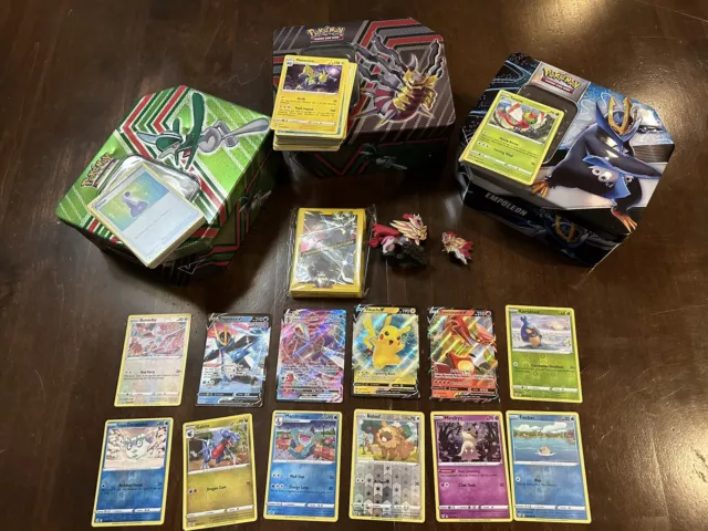 Pokemon TCG 100+ Card Lot, Holos, Rev Holo, 3 Empty Tins, Pin, Sleeves