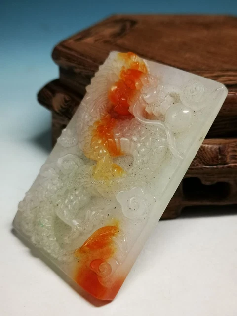 AMAZING A Jadeite Jade Burma Polished Bas-relief Gu W Dragon Statue PENDANT B04