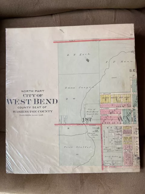 Original 1915 Plat Map City Of West Bend Wis WI North Part Water Tower Home Lots