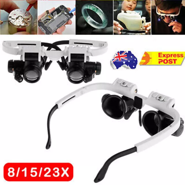 Loupe Head-Mounted Magnifying Glass Headband Light 2 LED Lamp Jeweler Magnifier