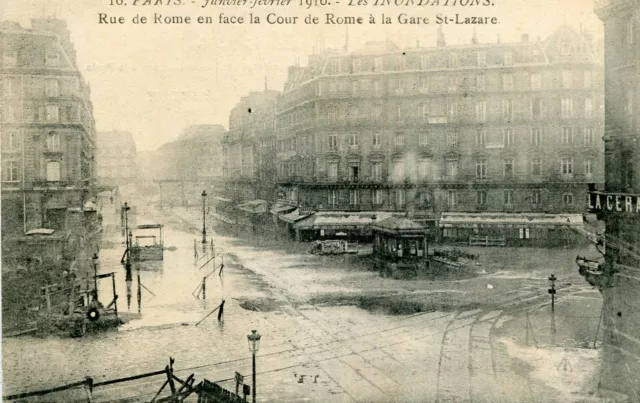 PARIS Inondations 1910 Rue de Rome face Cour de Rome à la Gare Saint Lazare