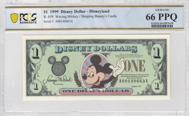 1999 $1 Disney Dollar Waving Mickey PCGS GEM UNC 66 PPQ  AA Block DISNEYLAND **