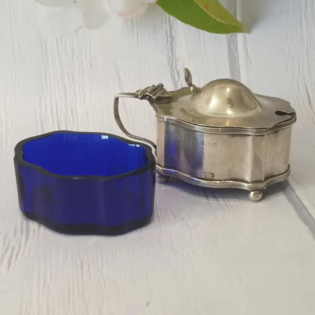 ANTIQUE 1908 Hallmarked Solid SILVER MUSTARD POT Lidded WITH Blue Glass Liner