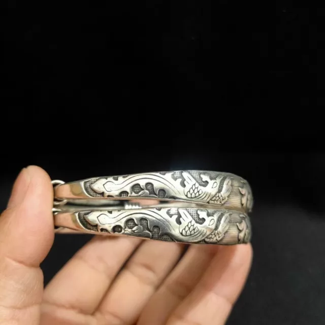 A Pair Old Chinese tibet silver handcarved Dragon Phoenix bracelets a260