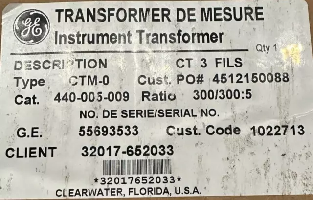 GE Current Transformer Double Bar Indoor CT CTM-0 300/300:5 2