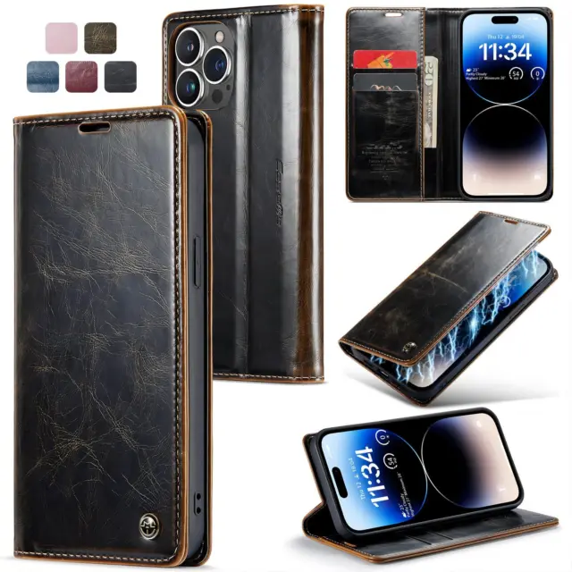 For iPhone 15 Pro Max 14 13 12 11 X XR Luxury Genuine Leather Magnetic Flip Case