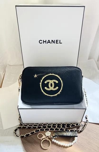 🏁 BLACK Chanel Beauty Cosmetic Pouch Clutch Glitter Gold Light glow cc logo DIY