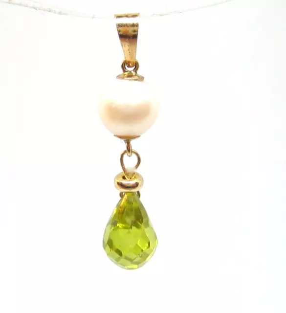 Solid 14KT Gold Natural Faceted Peridot and Cultured Akoya Pearl Pendant
