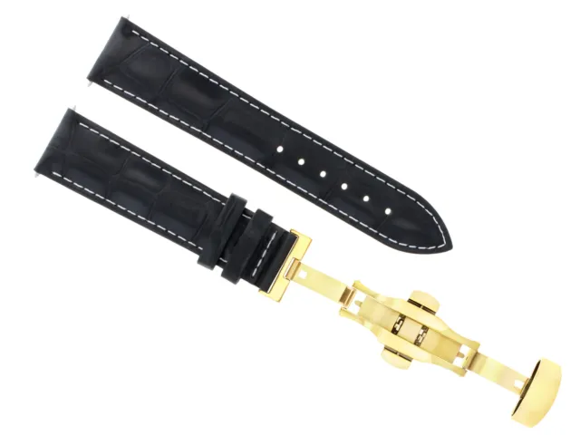 18Mm Leather Band Strap Deployment Clasp For Omega Seamaster Watch Black Ws Gold