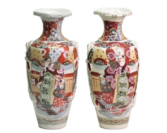 Antike japanische Satsuma Vase 2x Dekorvase Reliefdekor Hndbemalung Meiji Zeit