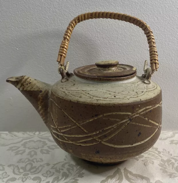 Vintage MCM Teapot Studio Art Pottery Stoneware Signed Brown Beige Neutral