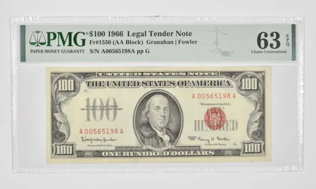 100 1966 US Legal Tender Note Red Seal PMG 63 EPQ Fr# 1550 (AA Block) *0971