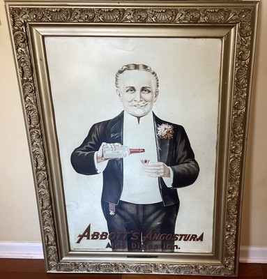 Incredible 4 x 3 Foot Large Antique Tin Litho Advertising Sign CW Abbott Bitters