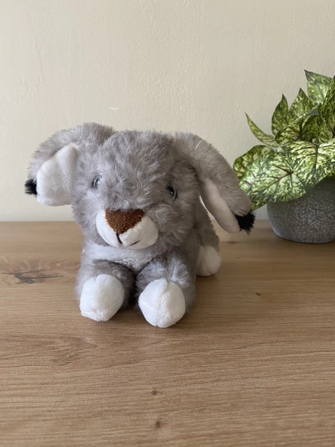 Doudou Peluche Lapin Allongé Blanc Gris Oreilles Noir Roda Rodadou