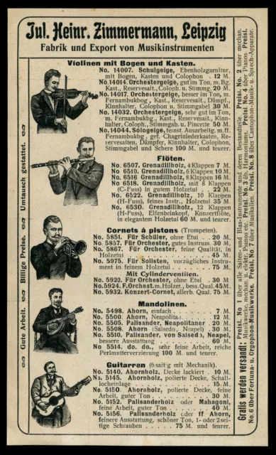 Werbung Reklame 1905 Jul. Heinr. Zimmermannn Leipzig Musikinstrumente