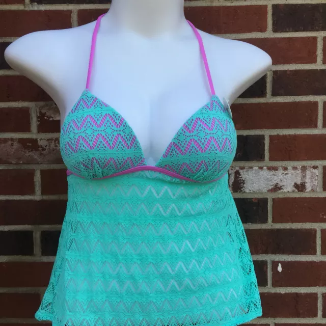 Hula Honey Junior Small Green/Purple Crochet Apron Tankini Swimsuit TOP S NWT