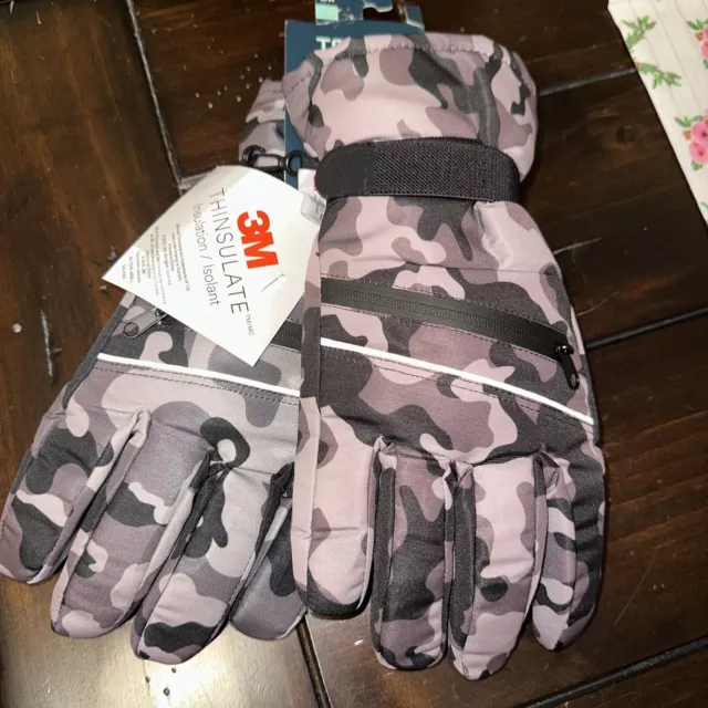 Tek Gear Men's Ski Gloves S/M GRY CAMO Resist. Touchscreen Warm Gear