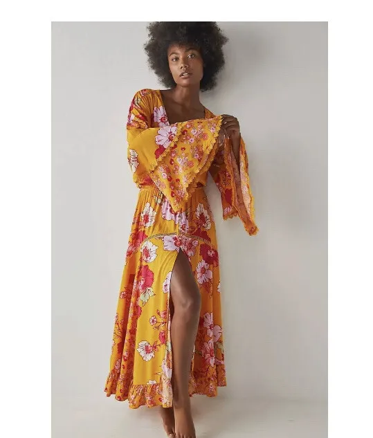 Free People Penny Printed Bohemian Floral Maxi Bodysuit Dress Size XS Orange