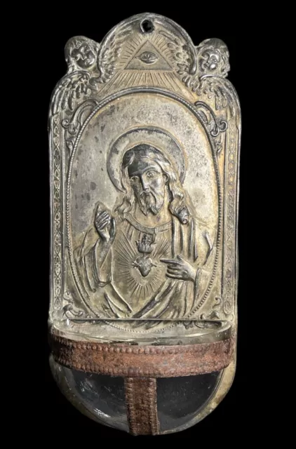 Antica ACQUASANTIERA in peltro argentato Sicilia primi '900 Sacro Cuore di Gesù