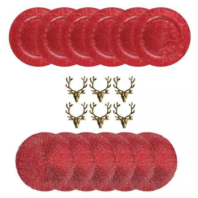 Christmas Table Decoration Set For Six Plates Placemats Stag Napkin Ring Red