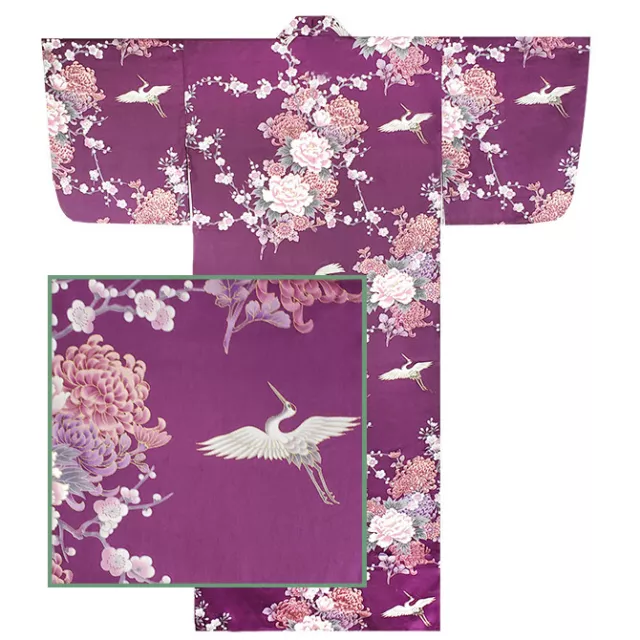 Japanese Yukata Kimono Robe Sash Belt 58" Cotton Sakura Cranes Purple JAPAN MADE