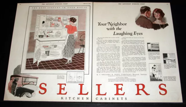 1923 Old Magazine Print Ad, Sellers Kitchen Cabinet, Neighbor & Laughing Eyes!