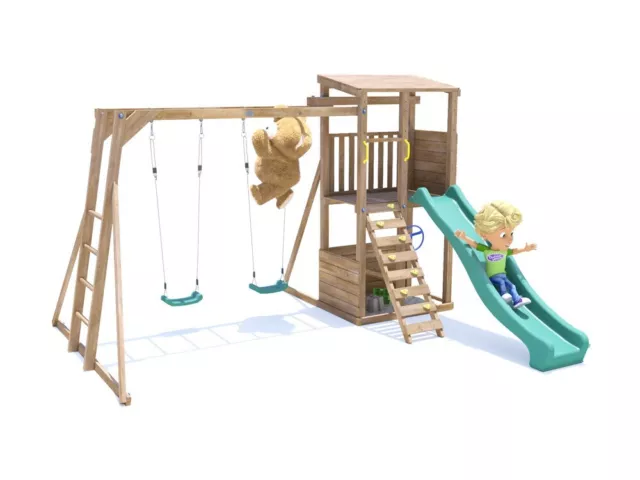 Wooden Climbing Frame Double Swing Set Green Slide Kids Monkey Bars SquirrelFort