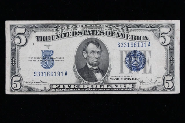 $5 1934D blue seal Silver Certificate Circulated S33166191A Exact Note Shown