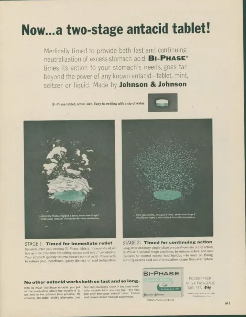 1963 Bi Phase Antacid Tablet 2 Stage J&J Works Fast Long Vintage Print Ad LO8