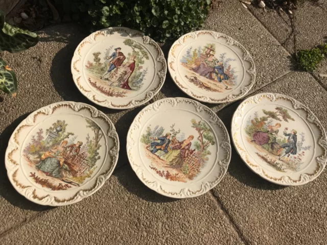 cinq anciennes assiettes Sarreguemines, marquis et marquise