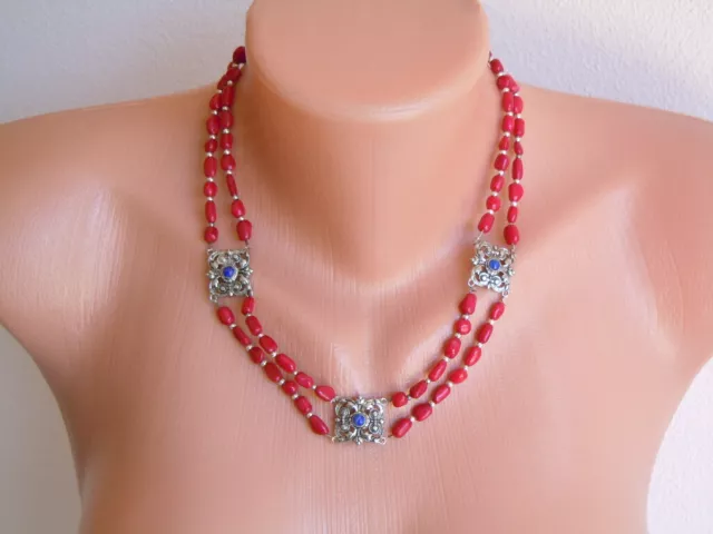 Vieux 2 de Rangées Bambou? Corail, Lapislazuliglas & Métal Chaîne, Collier 45g /