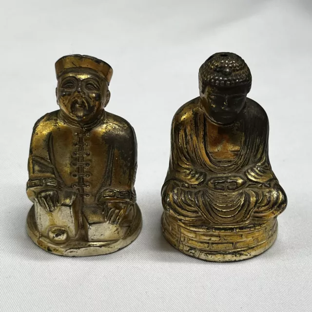 Vtg Gold tone metal Buddha salt and pepper shaker set occupied? Japan Signed K.T