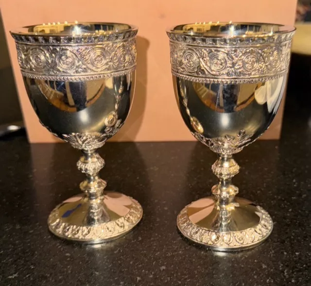 (2) New Orig Box Vintage Corbell Silver-plate Wine Goblets 4-7/8” Chalice Crest