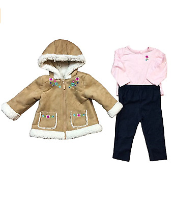 Little Me Girls 3-Piece Jacket, Top, Pant Outfit Set, Tan Floral Fleece Jacket