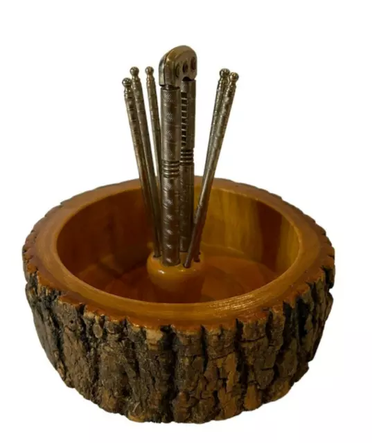 Vintage Wooden Bark Nut Bowl Set with Etched Nutcracker & 6 Picks, MCM EUC Vintage Wooden Bark Nut Bowl Set with Etched Nutcracker & 6 Picks, MCM EUC