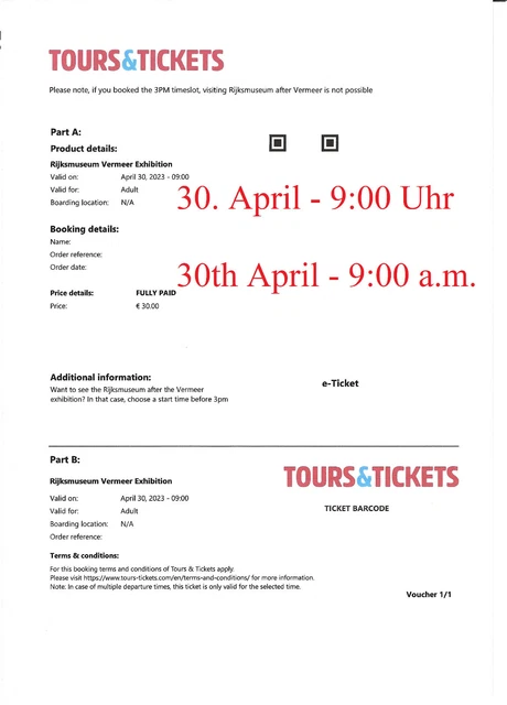 1 biglietto Vermeer Rijksmuseum 30.04.2023 Amsterdam - spediamo in tutto il mondo via email 2