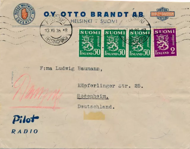 Air Mail Flugpost  Brief  Briefmarken Stamp Finnland - München 1936