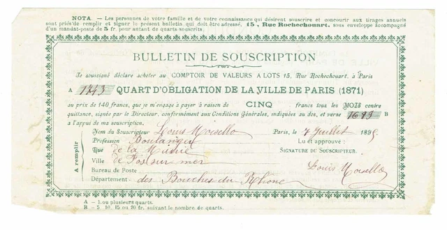 Obligation Ville De Paris 1871