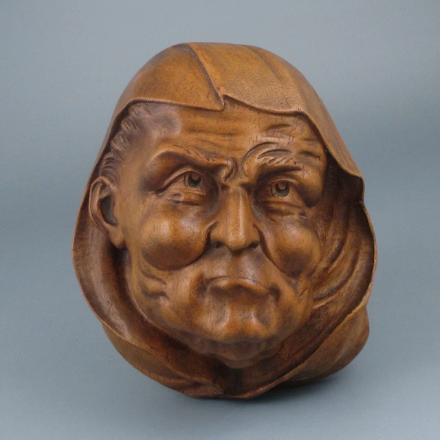 Antique French Hand Carved Wooden Sculpture  Head of an Old Man with a Medieval