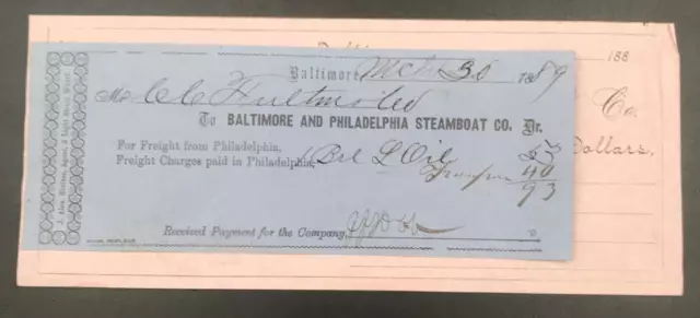 1889 Antique Baltimore & Philadelphia Steamboat Co Freight Billhead Receipt